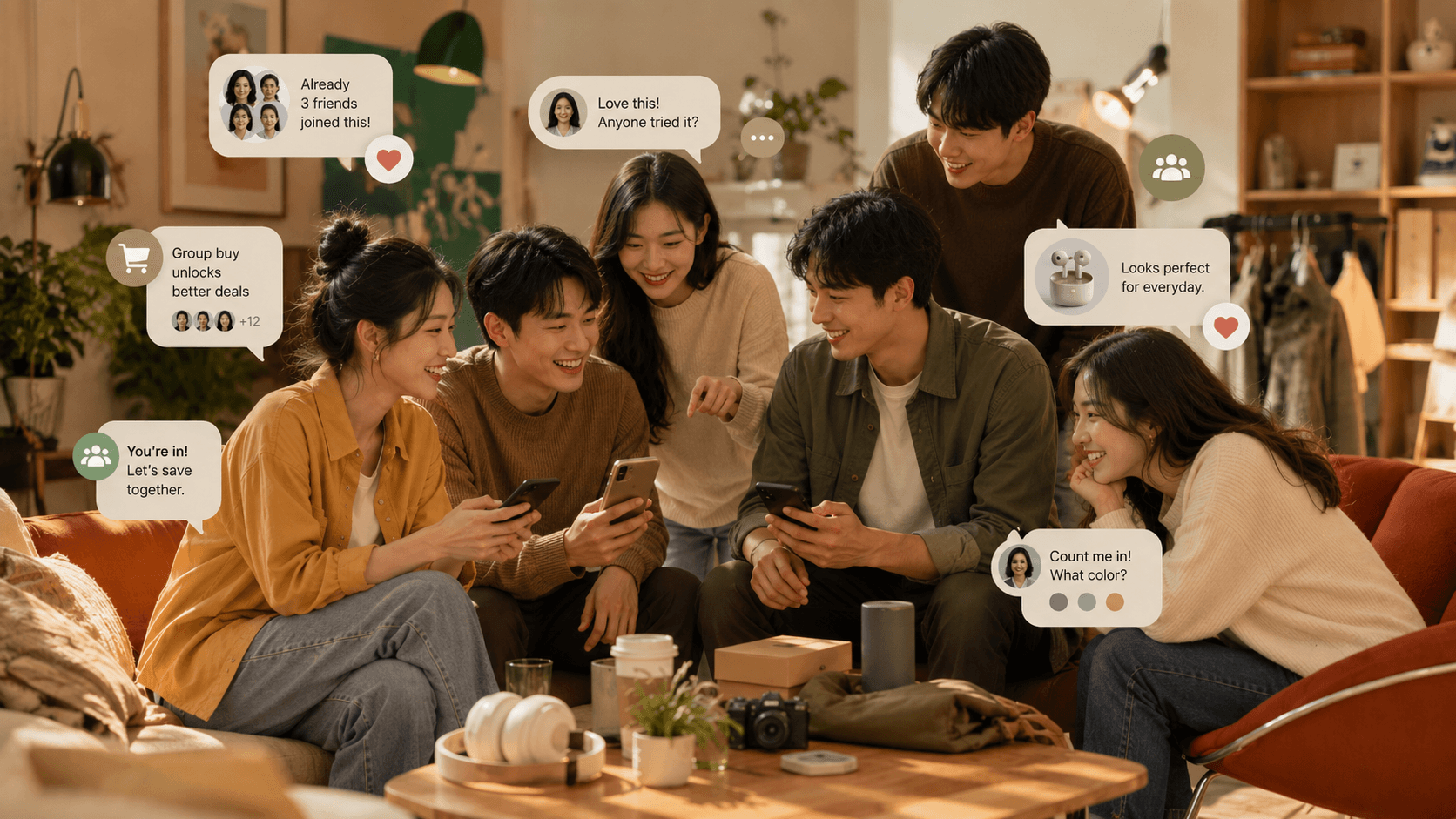 커뮤니티 멤버들이 모바일로 상품을 살펴보는 모습